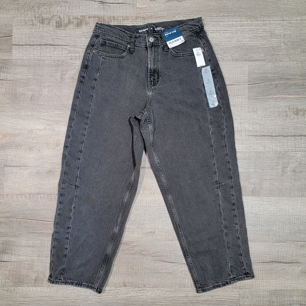 NWT Old Navy Womens High‎ Rise Barrel Leg Jeans Size 4 Black Acid Wash Baggy